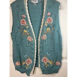 Vintage Koret Sweater Vest Women's Size M Embroidered Faux pearl Grandma Core